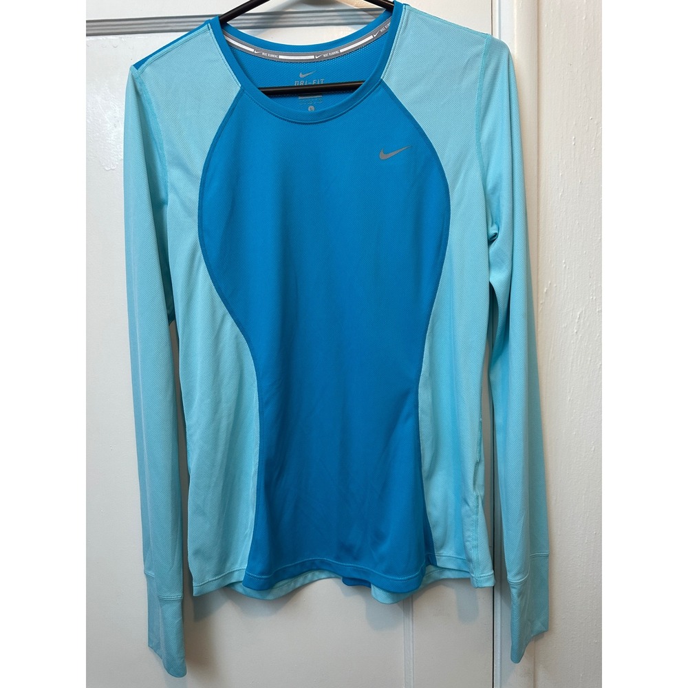 Nike Running Dri-FIT Long Sleeve Shirt Blue Mesh Thumbhole Top Womens Large